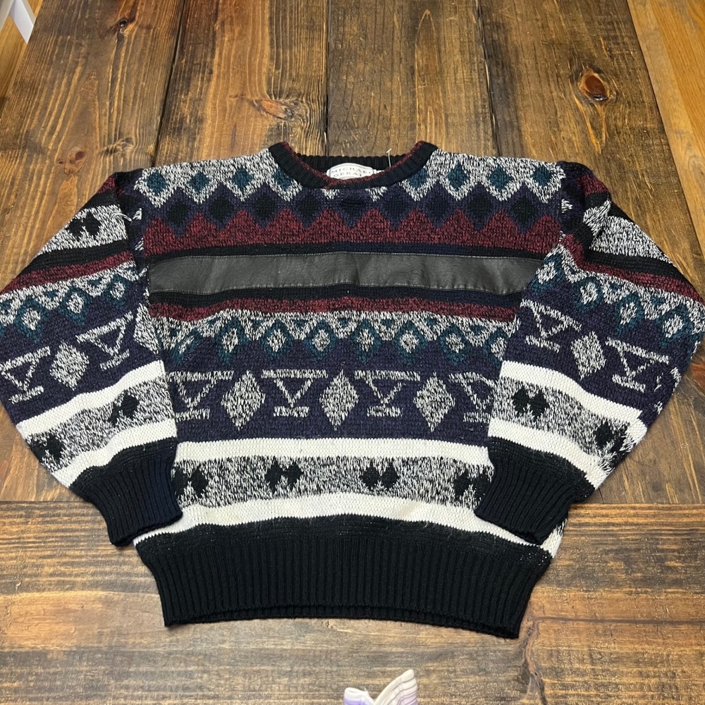 Michael Gerald Mens Geometric Pattern Sweater Black Burgundy Blue Size S‎